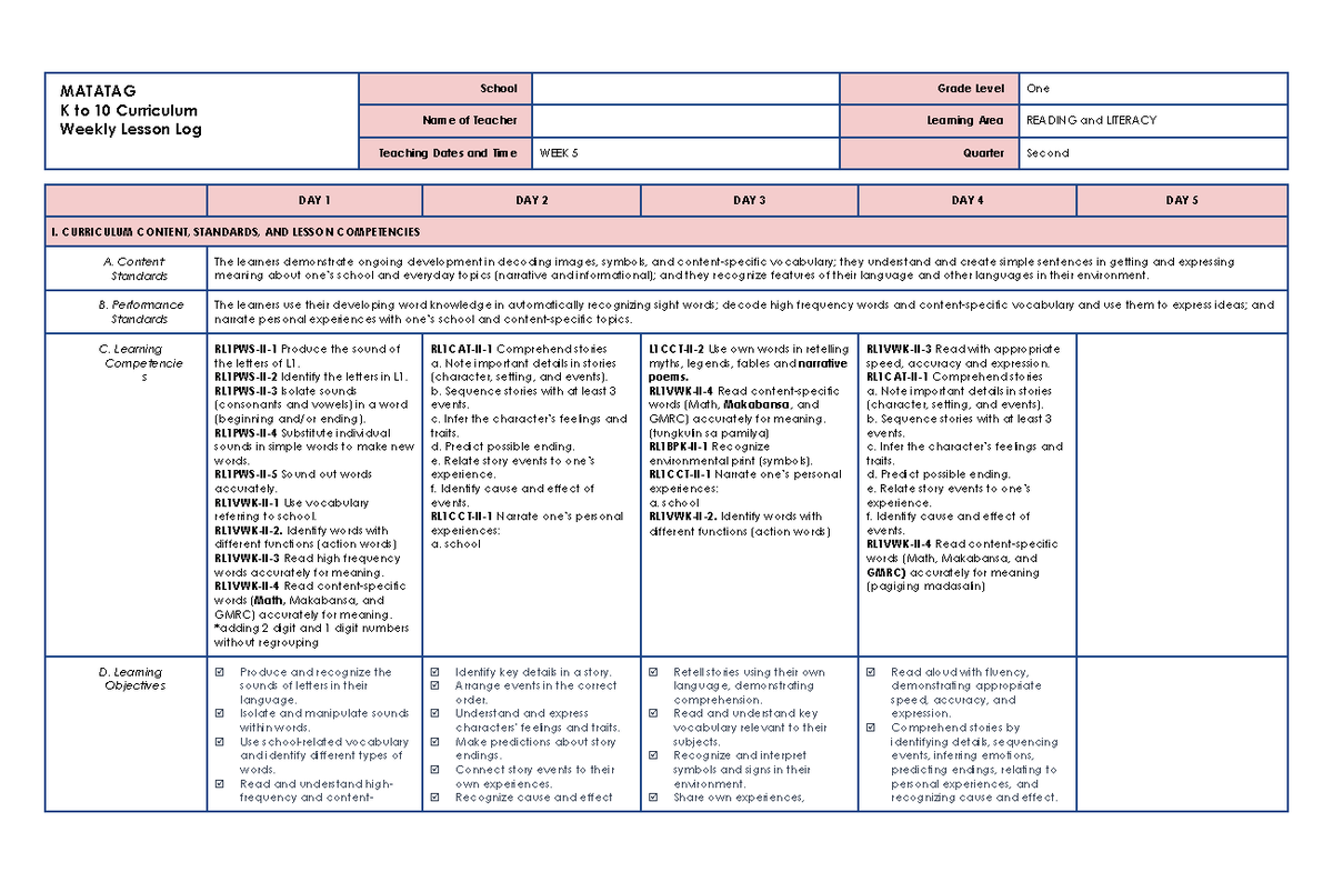 W5 Q2 Matatag Weekly Lesson Log for Reading and Literacy 1 - Studocu