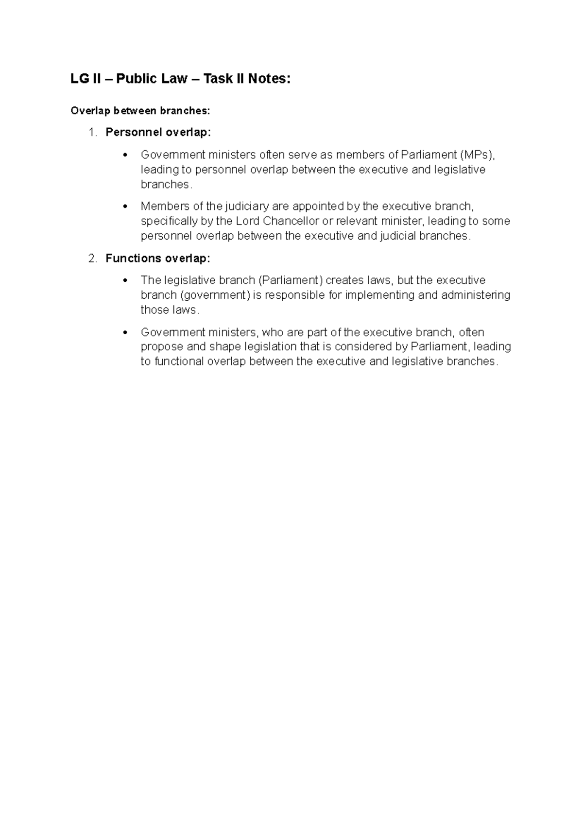 LG II Public Law Task II: Overlap and Separation of Branches - Studocu