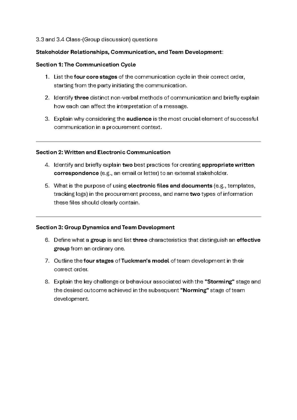 3.3 & 3.4 Group Discussion Questions - Stakeholder Comm & Team Dev ...
