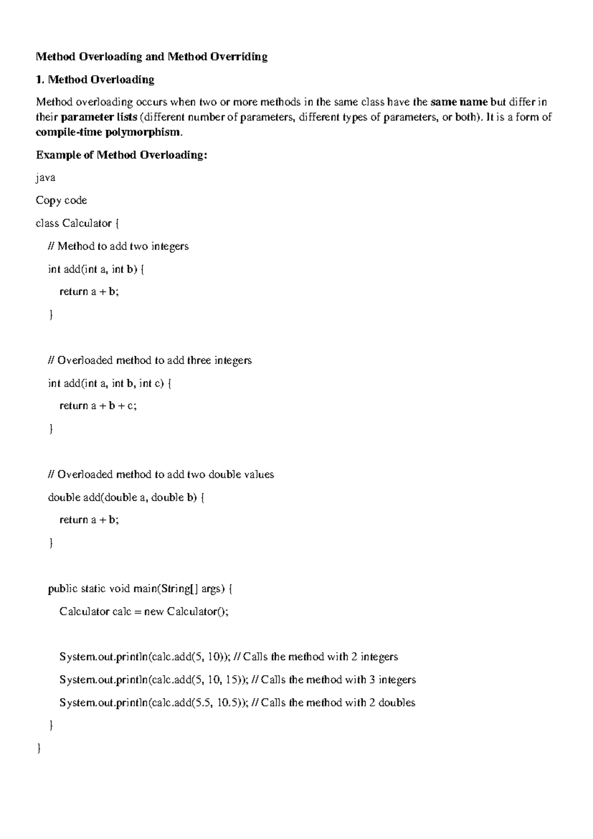 Method Overloading and Overriding in Java Programming Concepts - Studocu