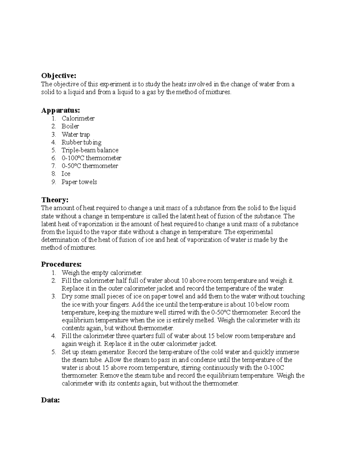 Experiment 3 - Heat of Fusion and Vaporization Lab Report - Studocu