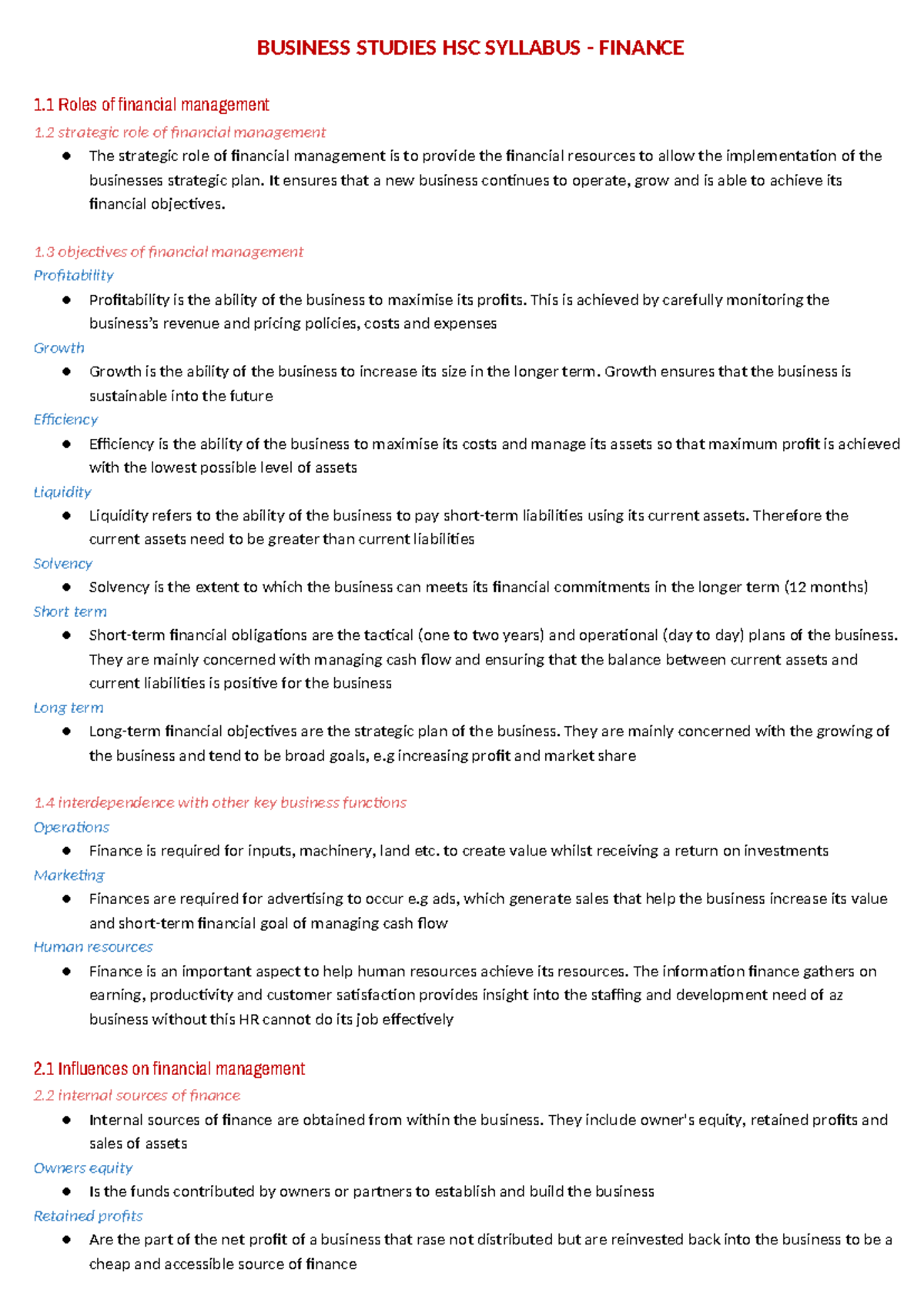 Business Studies HSC Syllabus: Financial Management Overview and ...