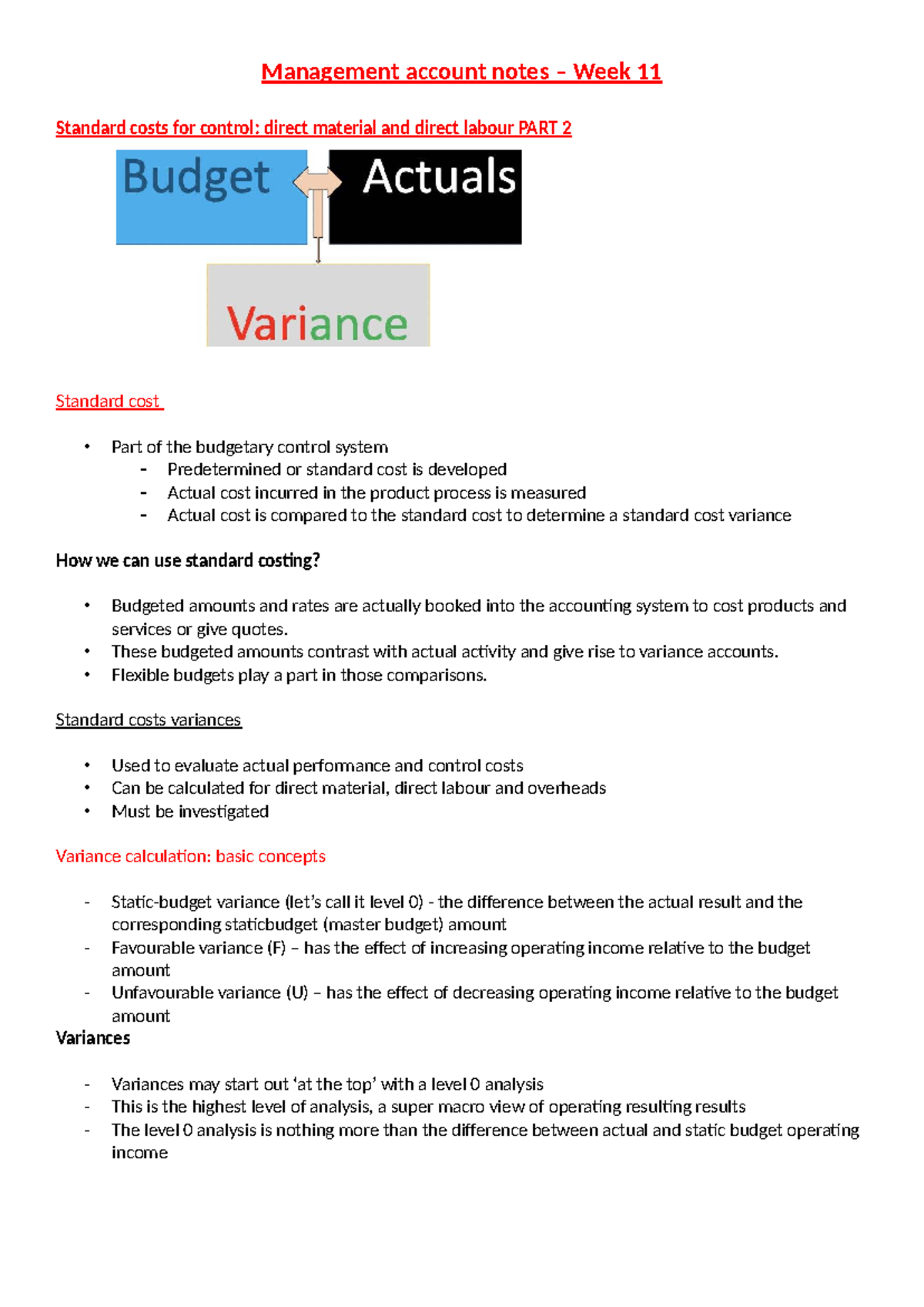 Management Account Notes - Week 11: Standard Costs & Variances - Studocu