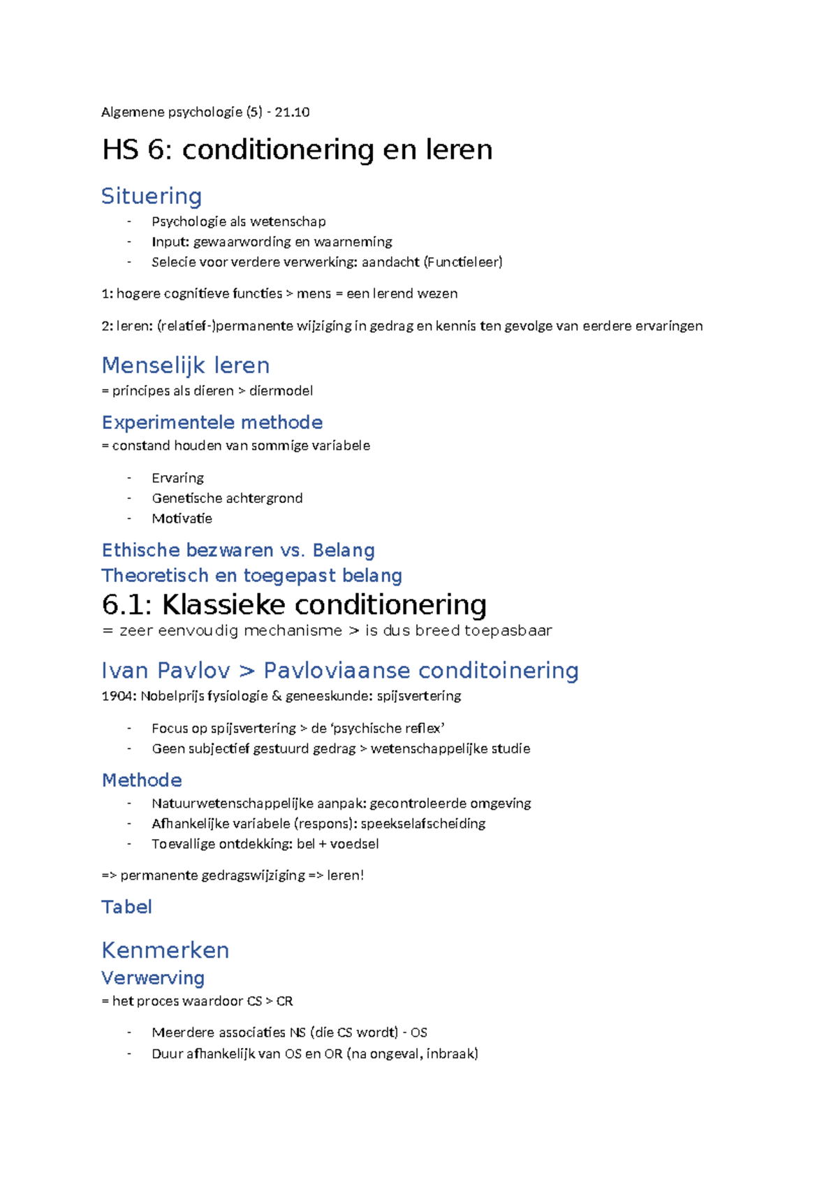 Algemene Psychologie (5) - HS 6: Conditionering en Leren - Studocu