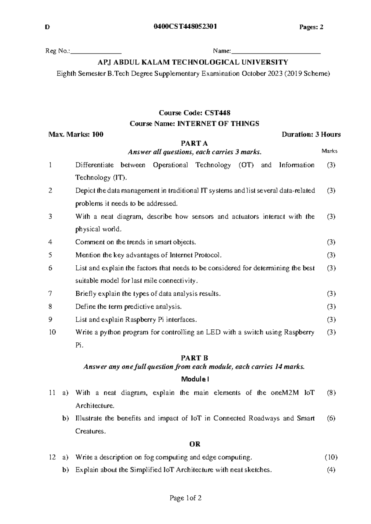 CST448 - Internet of Things Eighth Sem Supplementary Exam QP Oct 2023 ...