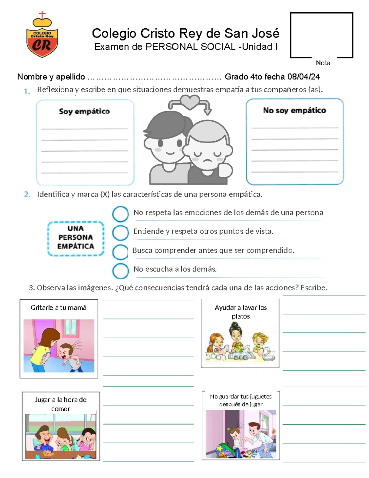 Examen Personal Social - 4TO Grado - Unidad I - Studocu