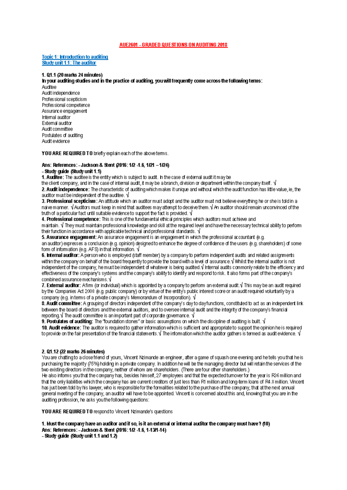 AUE2601 - Graded Questions & Answers on Auditing 2018 - Studocu