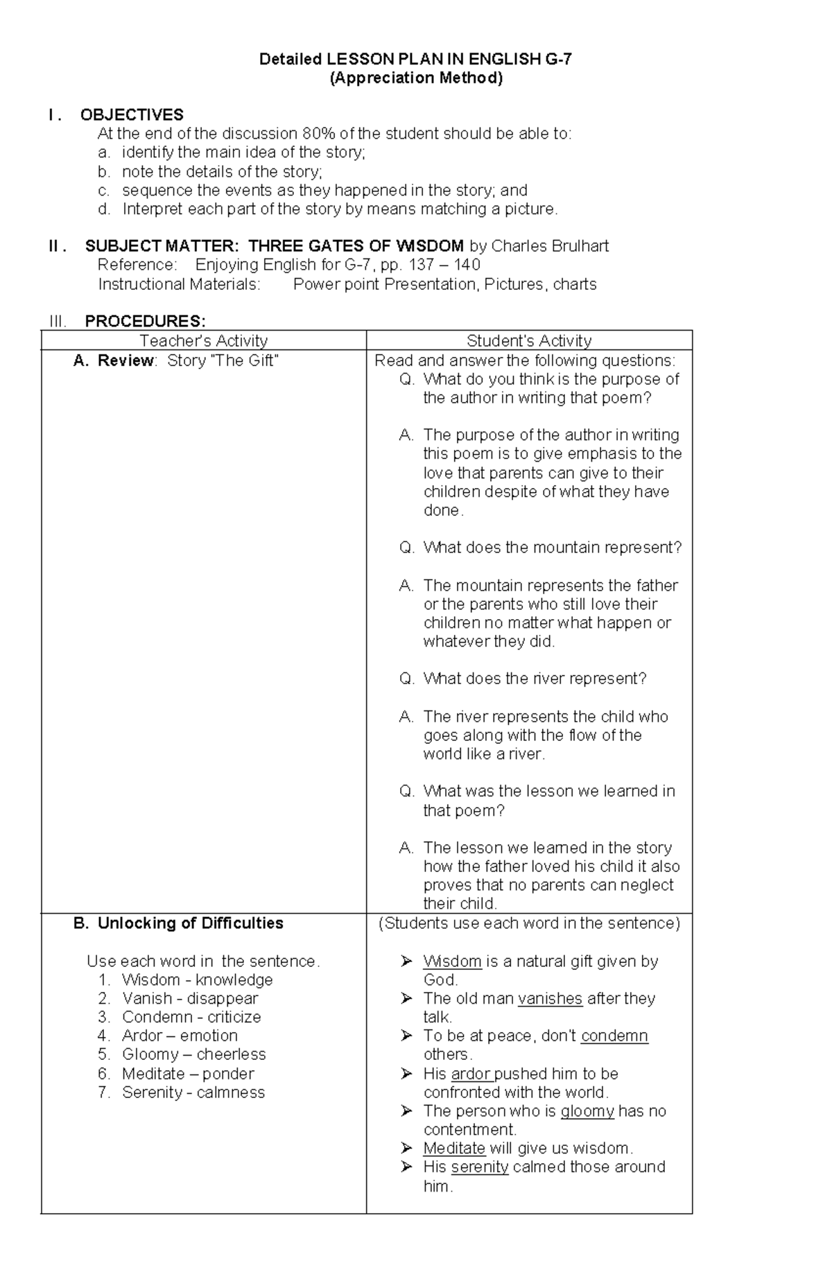 Lesson Plan on Appreciation Method for English G-7 Students - Studocu