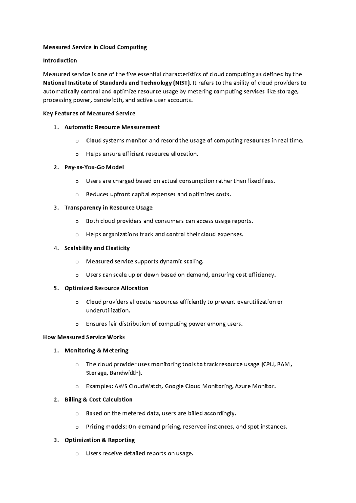 Measured Service in Cloud Computing: Key Features & Functionality - Studocu