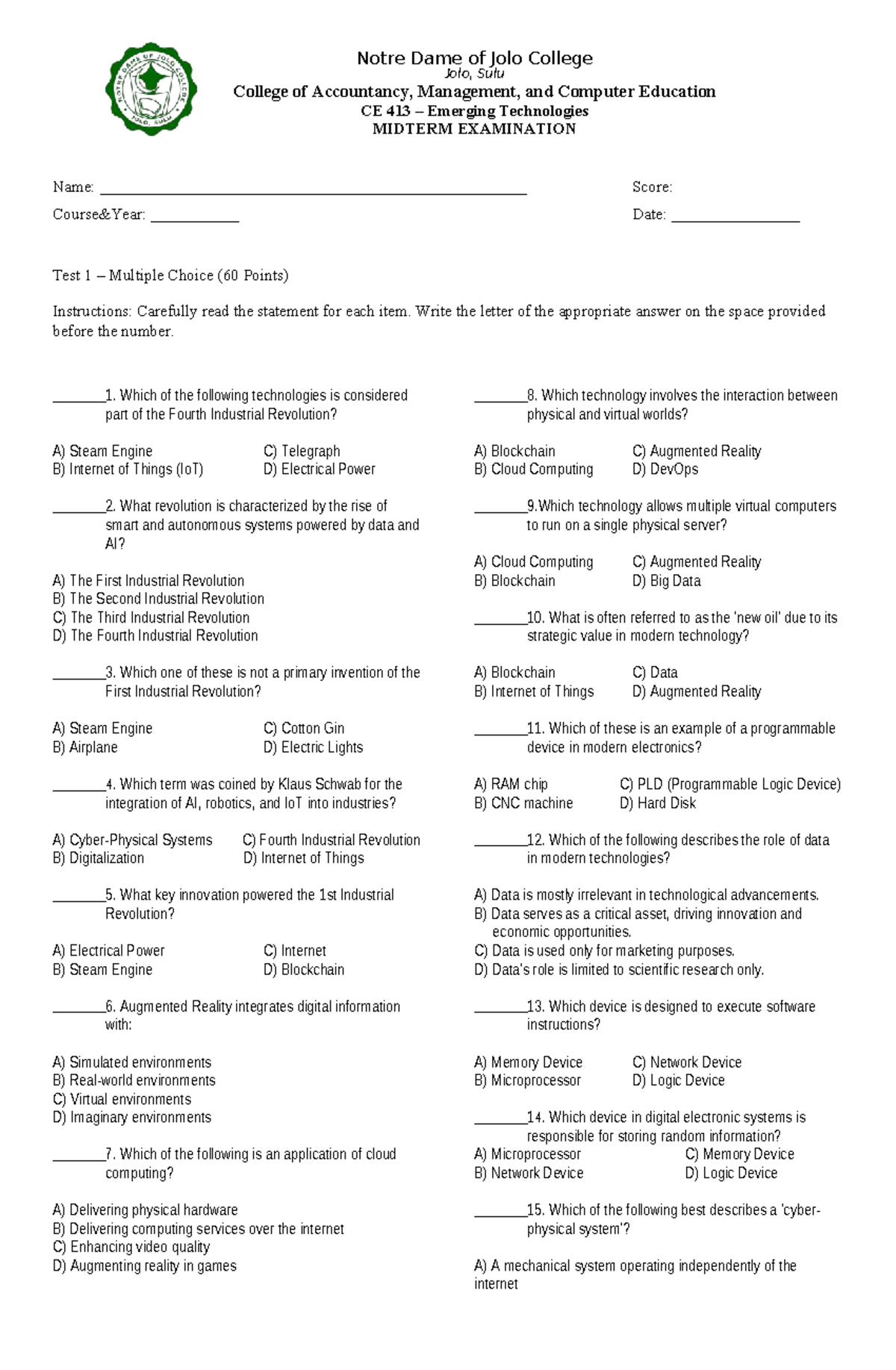 CE 413 Emerging Technologies Midterm Exam Review Guide - Studocu