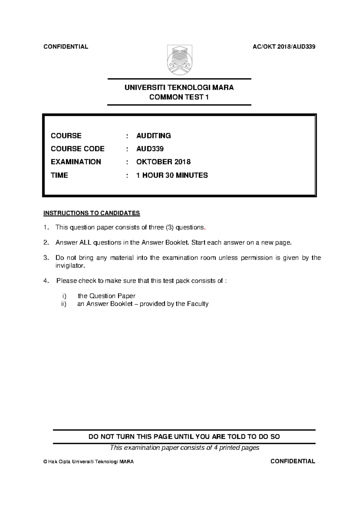 CT AUD339 Common Test 1 Exam - Auditing, October 2018 - Studocu