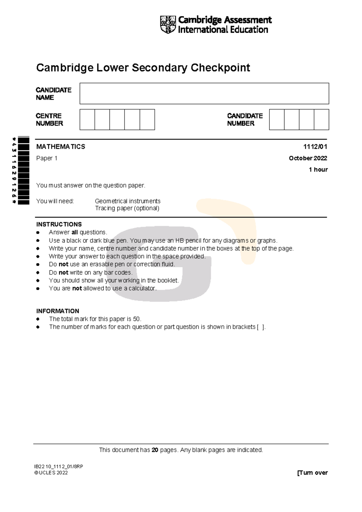 Cambridge Lower Secondary Checkpoint Mathematics Paper 1 Marking Scheme ...