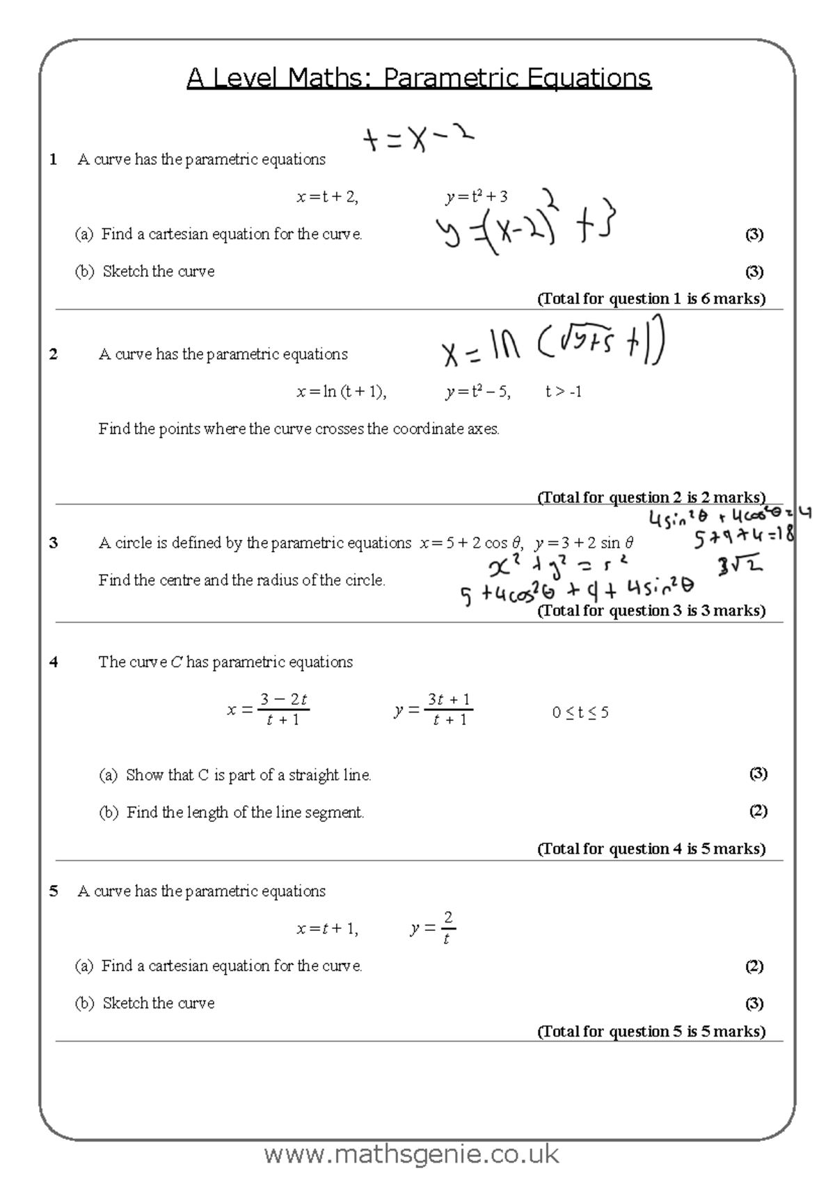A Level Maths: Parametric Equations 1 - Curves and Analysis - Studocu