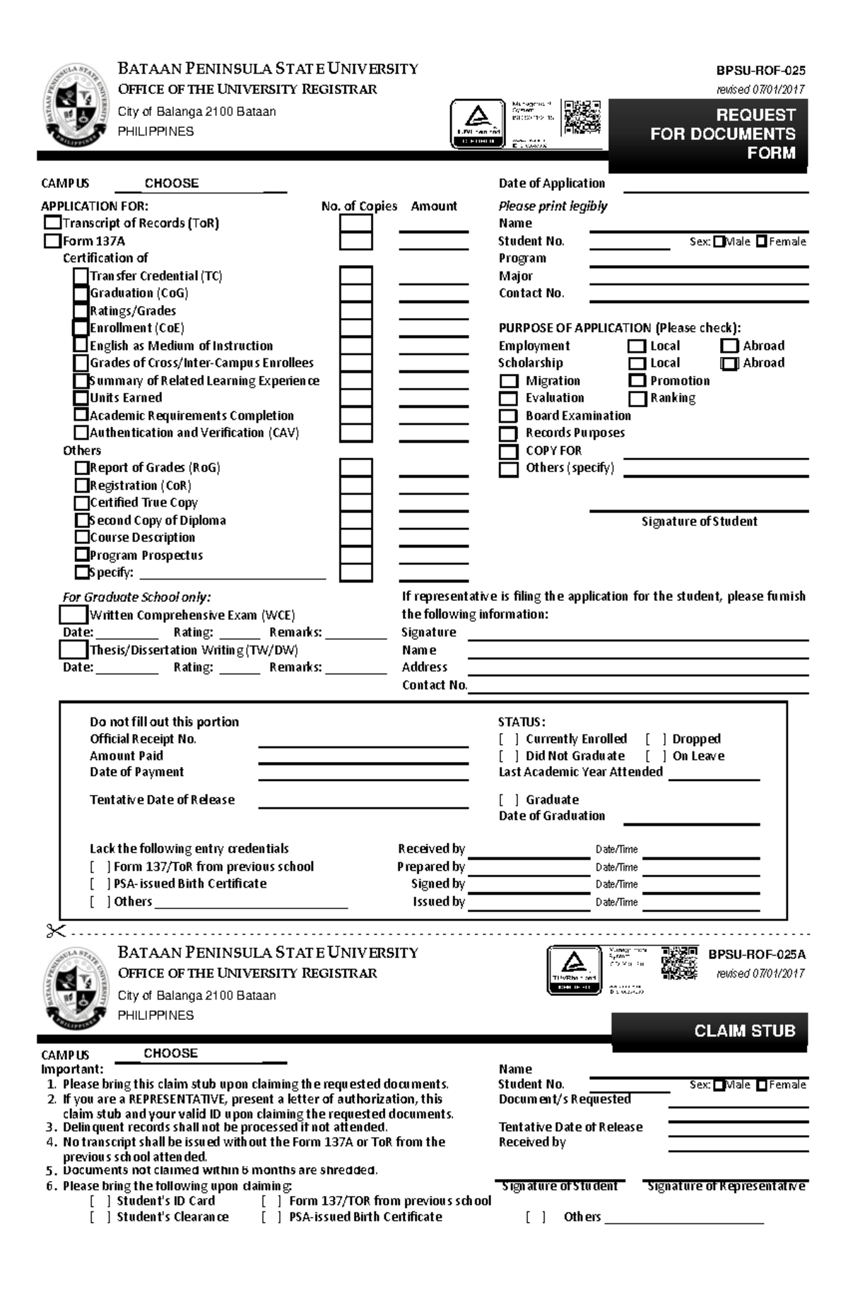 ROF-025 Request for Documents Form - Bataan Peninsula State University ...