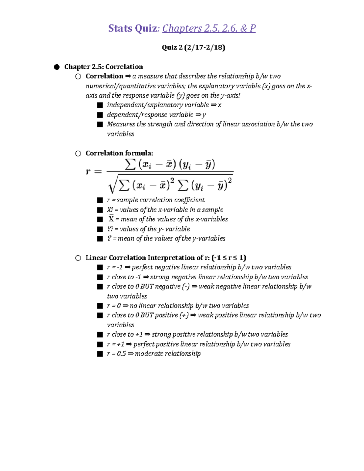 Stats Quiz 2 Study Guide: Correlation & Probability Concepts - Studocu