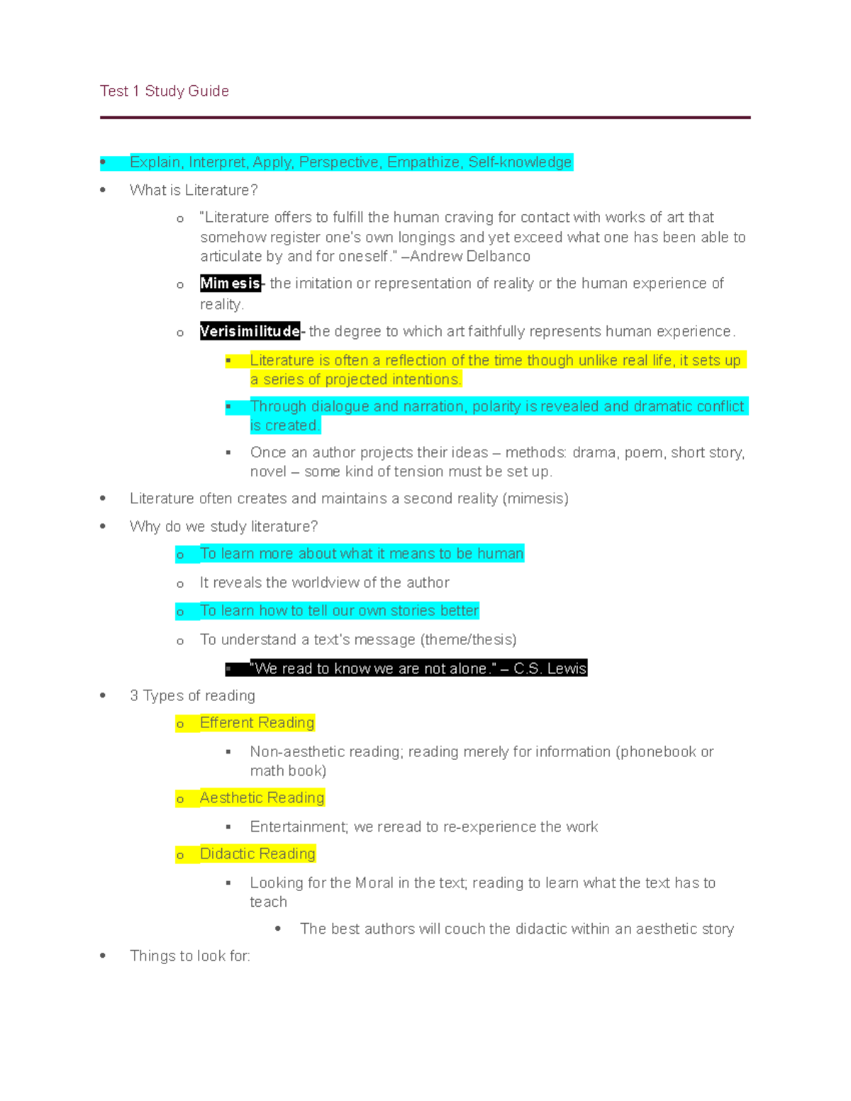 ENG 101 - Exam 1 Study Guide: Understanding Literature and Its Impact ...
