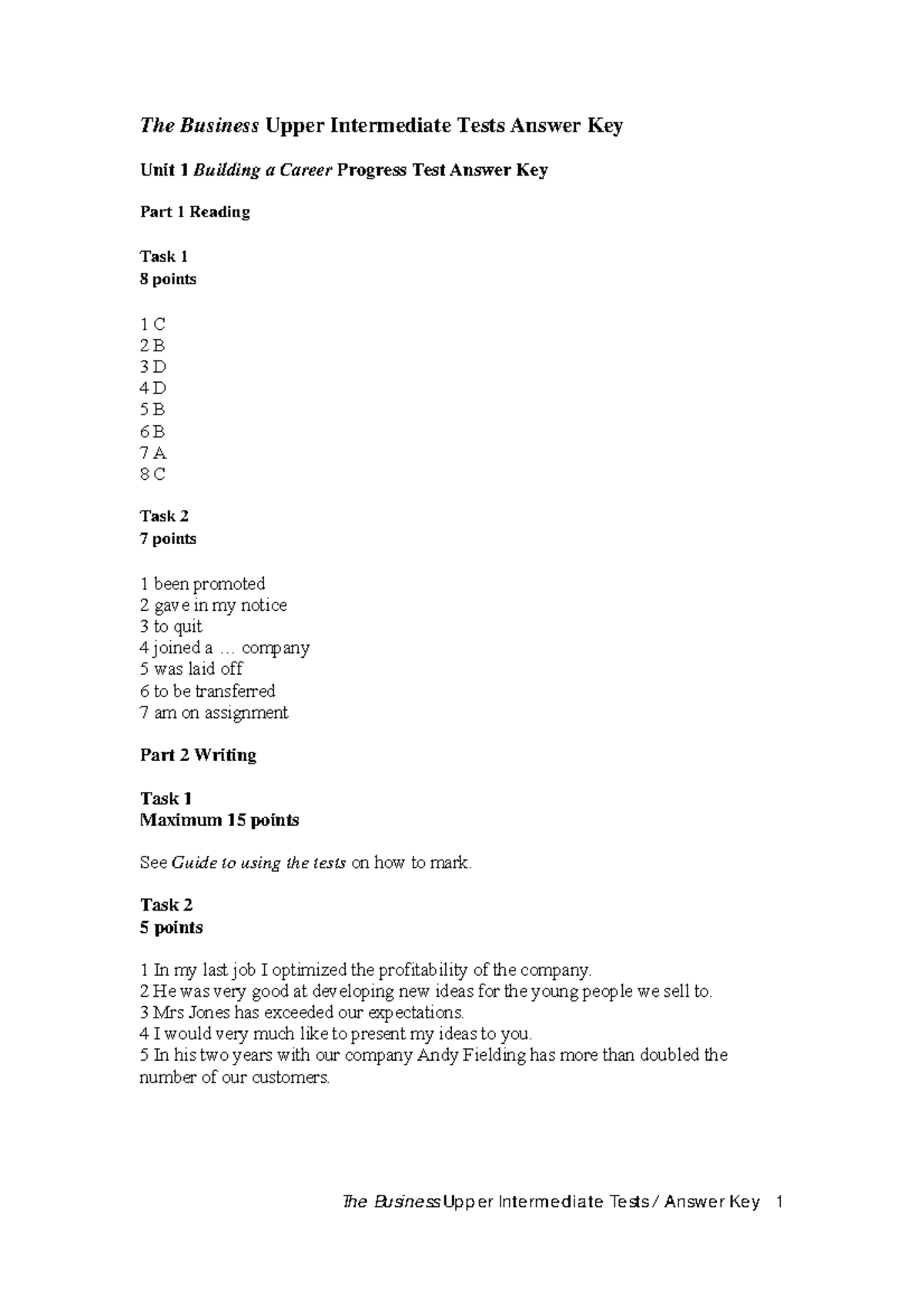 Answer Key for Unit 1 Business 2.0 Progress Test - Odpowiedzi - Studocu