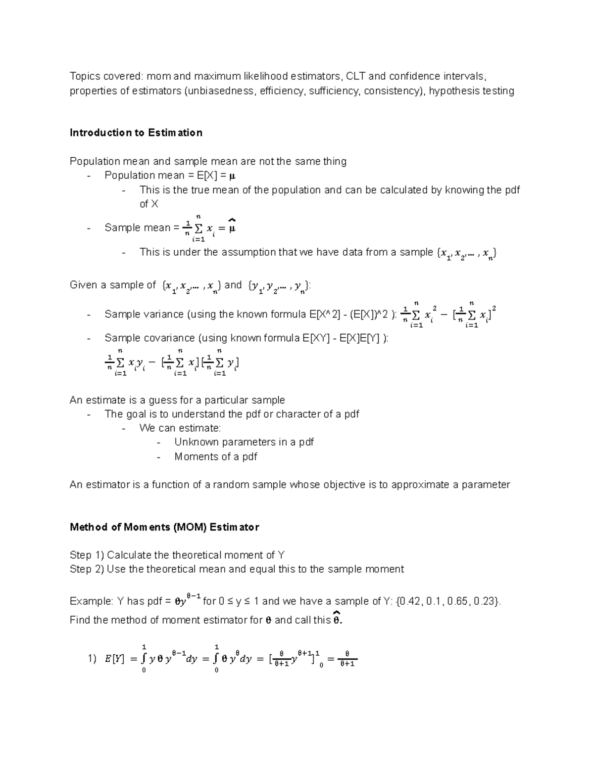 Econometrics Final Exam Studying Notes - Topics covered: mom and ...