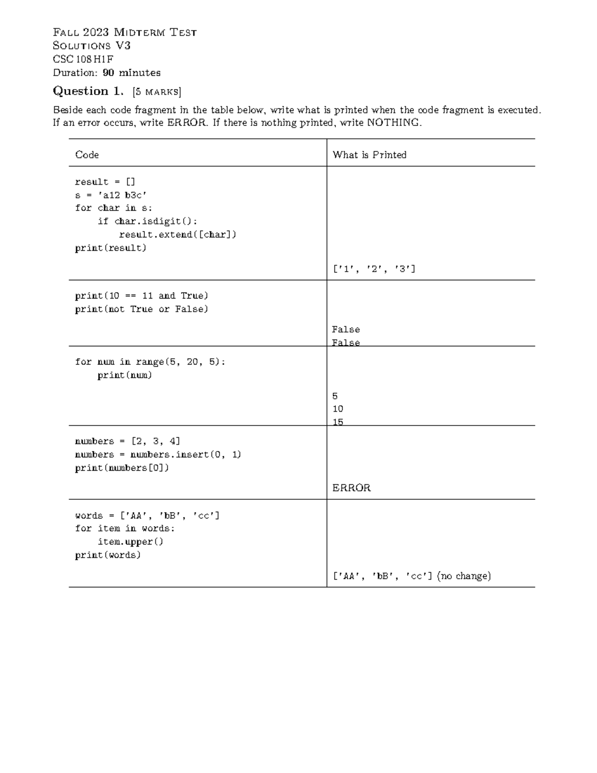 CSC 108 H1F Solutions V - Comprehensive Test Solutions and Explanations ...