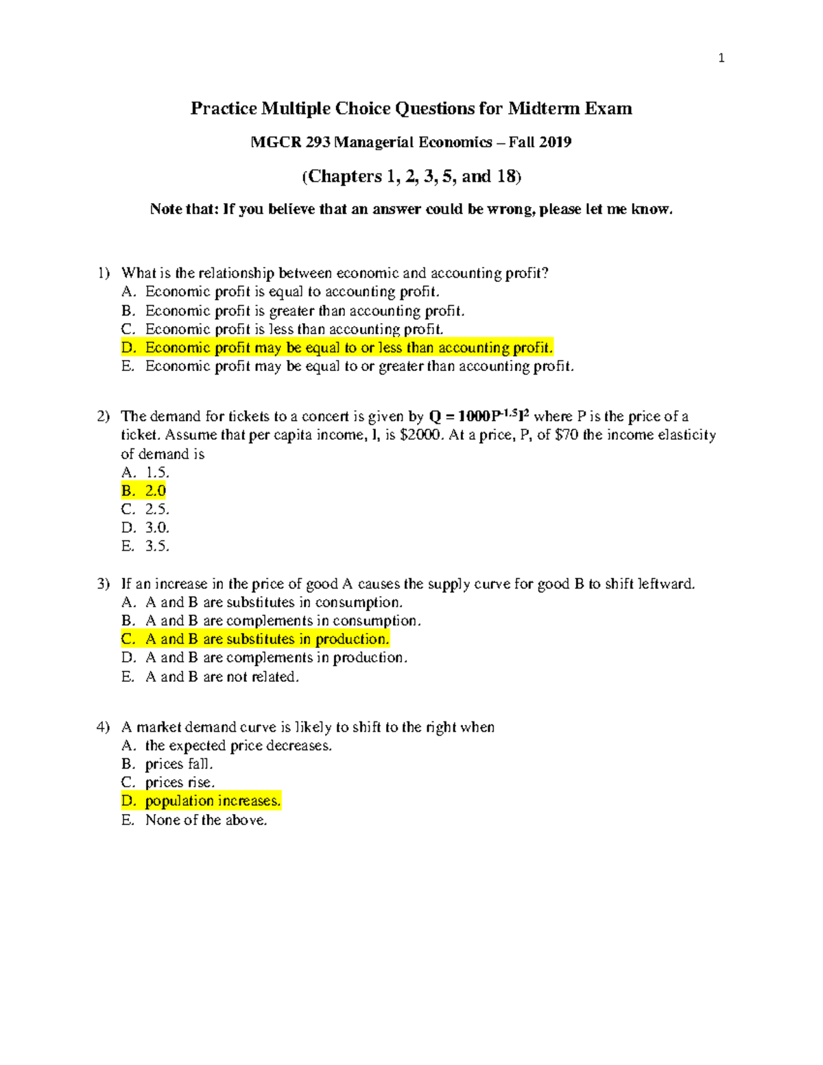 Practice Midterm Solutions - Practice Multiple Choice Questions for ...