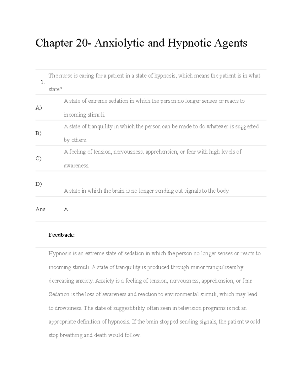 Ch20 - Nursing Pharmacology 6e: Test Bank on Anxiolytic & Hypnotic Agents - Document Preview