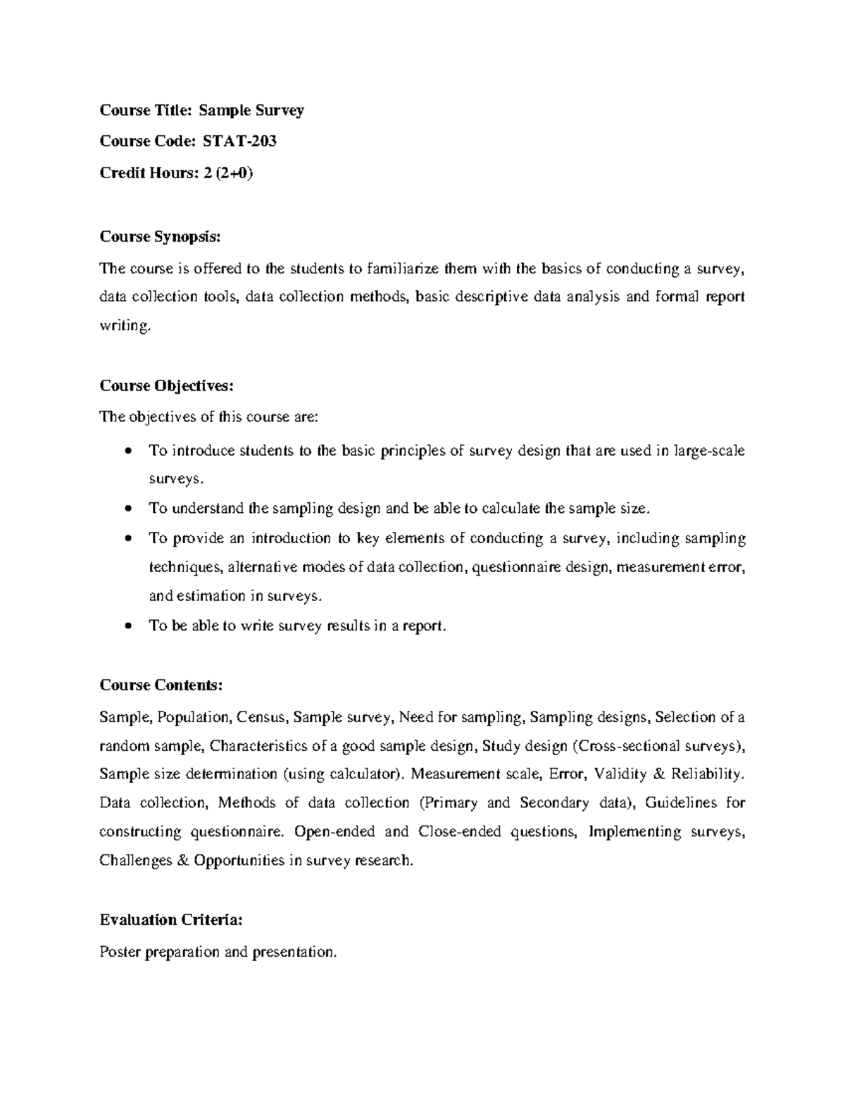Sample Survey - Course Code: 2 Credit Hours Overview - Studocu