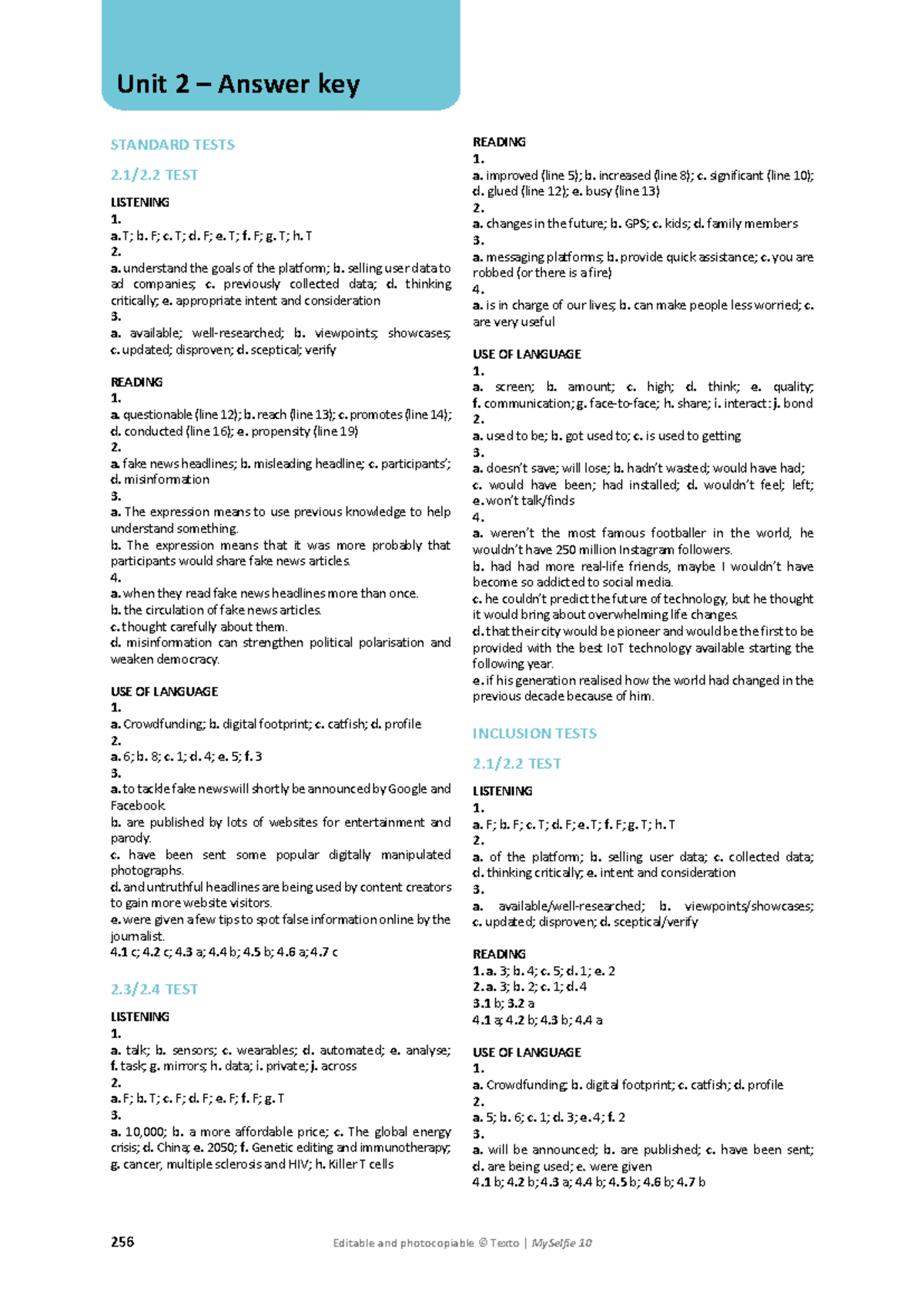 Answer Key U2 Progress Tests - 256 Editable and photocopiable © Texto ...