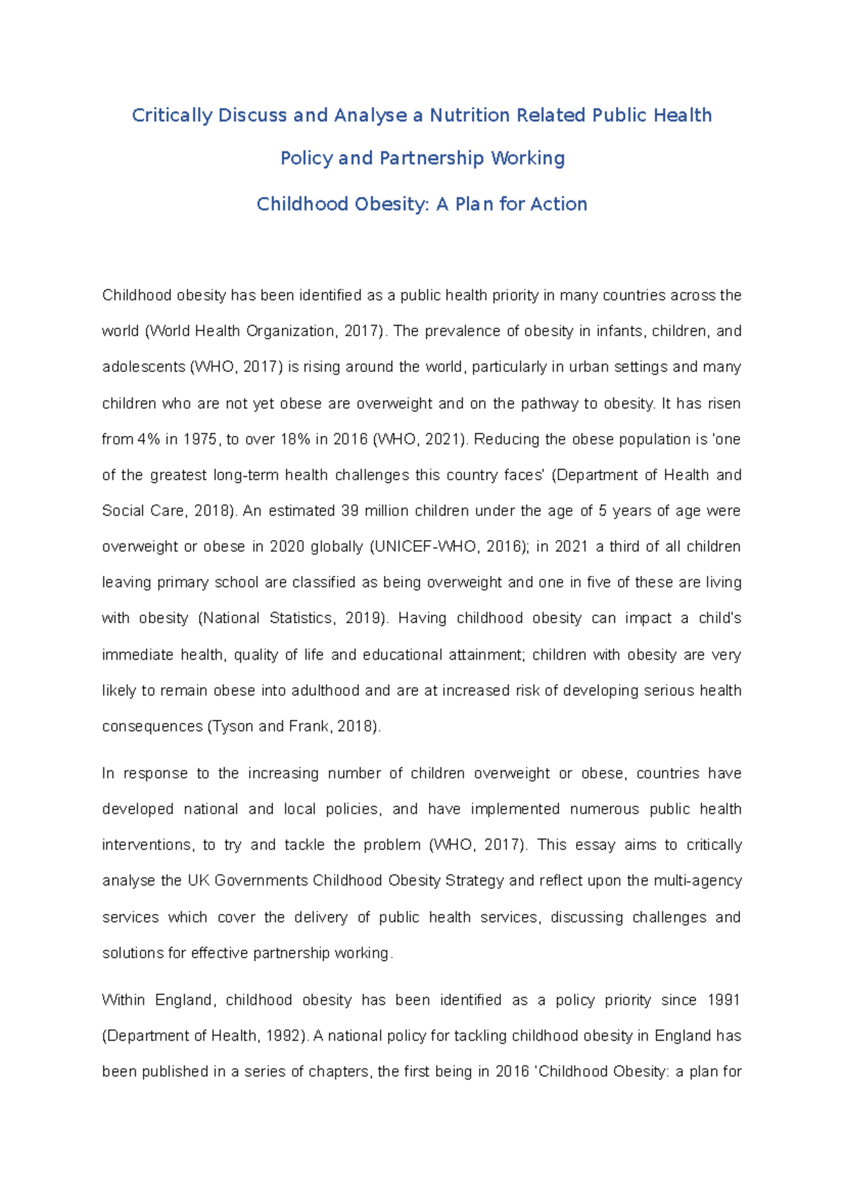 Public Health Policies Essay - Childhood Obesity Policy - Critically ...