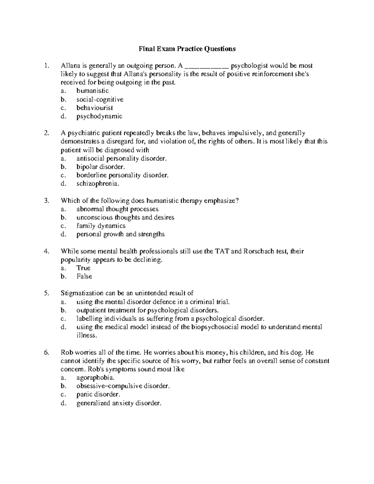 Final Exam Practice Questions (PSYC 101) - Studocu