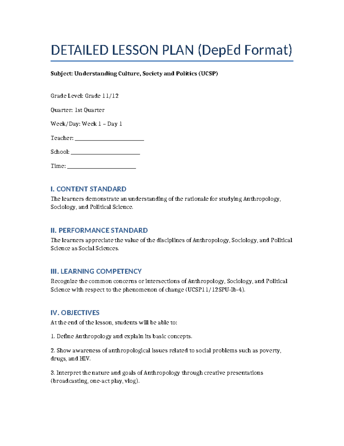UCSP 1st Quarter Detailed Lesson Plan: Understanding Anthropology - Studocu