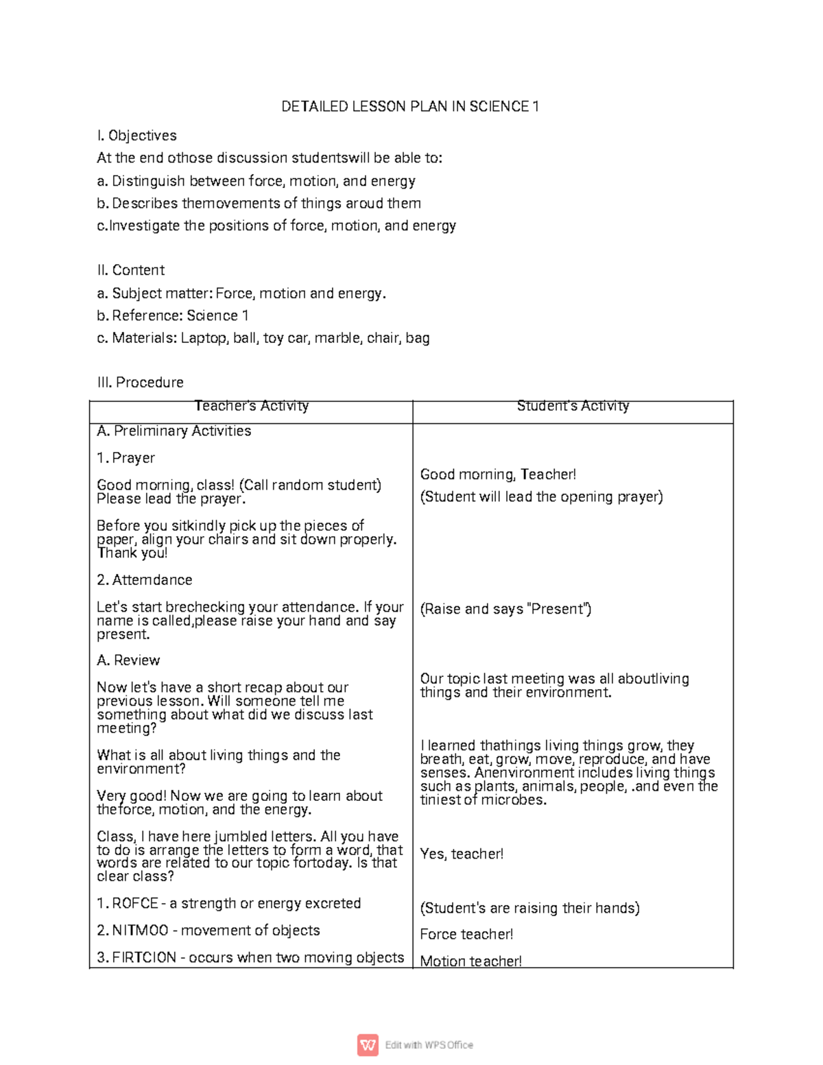Detailed Lesson Plan: Force, Motion, and Energy - Science 1 - Studocu