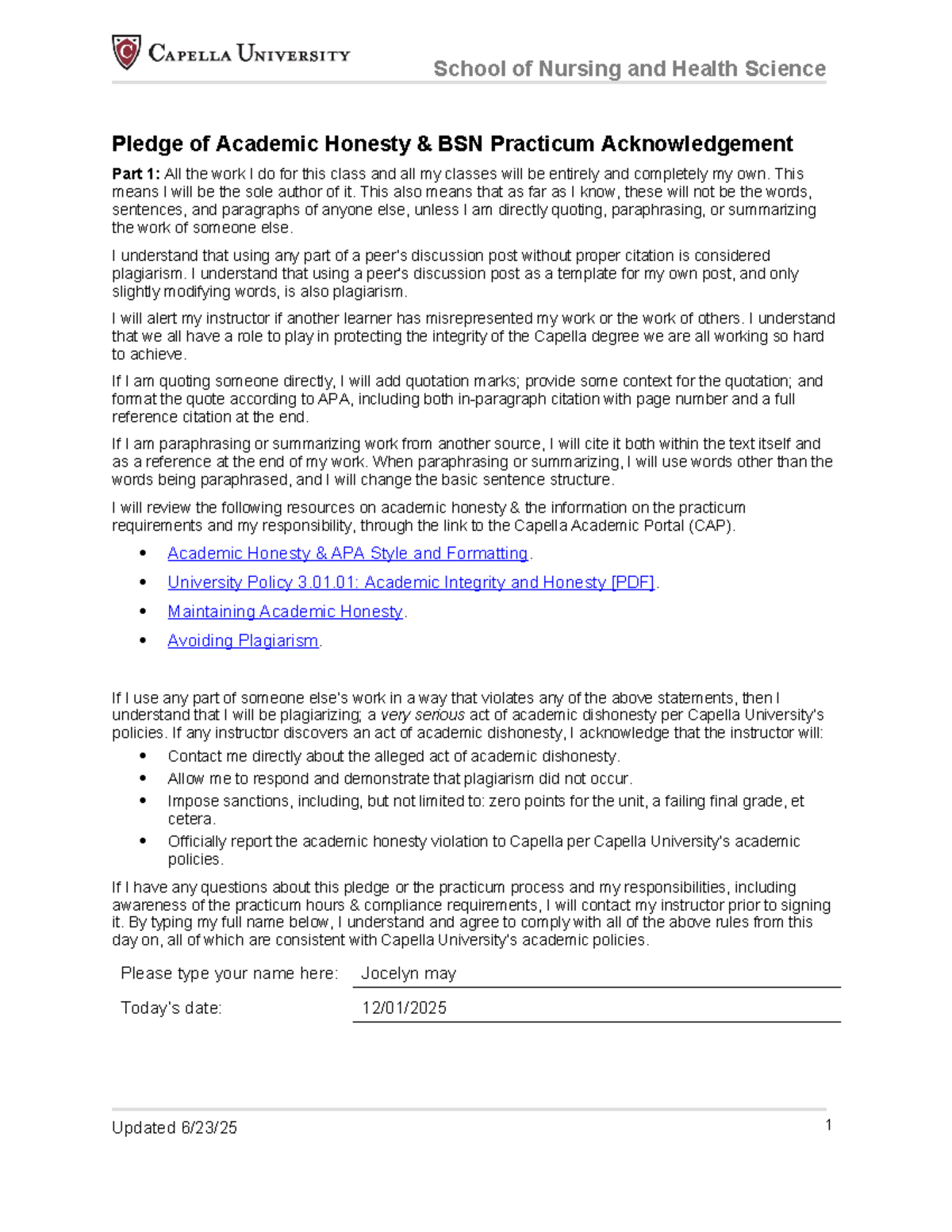 BSN Practicum Academic Honesty Pledge and Guidelines - Studocu