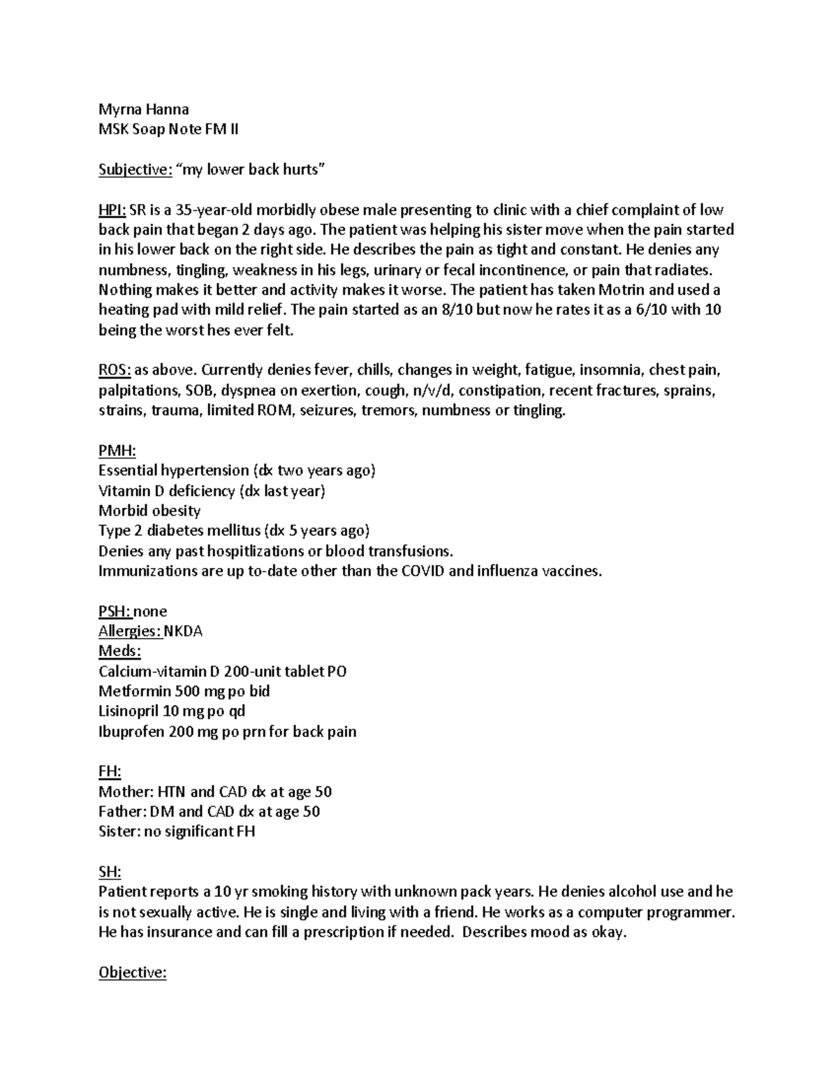 MSK SOAP Note Assignment - Lower Back Pain Assessment and Plan - Studocu