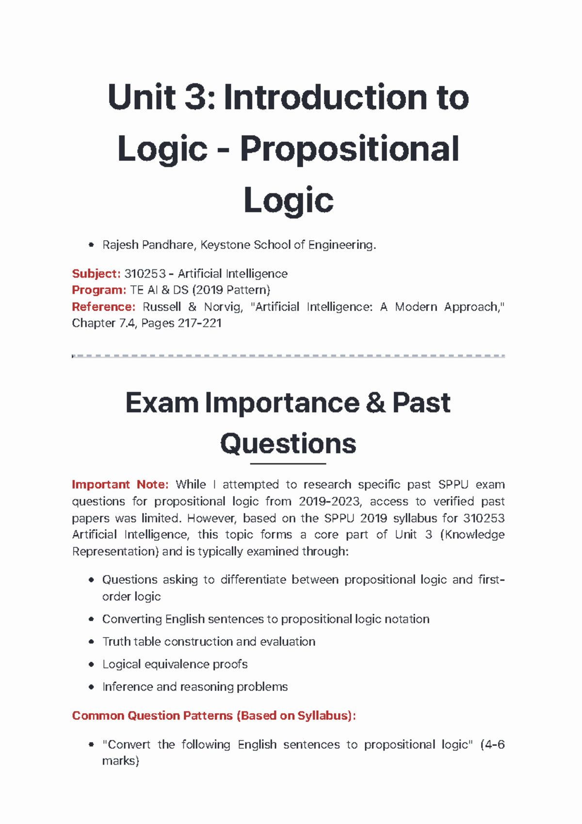 Propositional Logic Lecture Notes for 310253 AI - Unit 3 Overview - Studocu