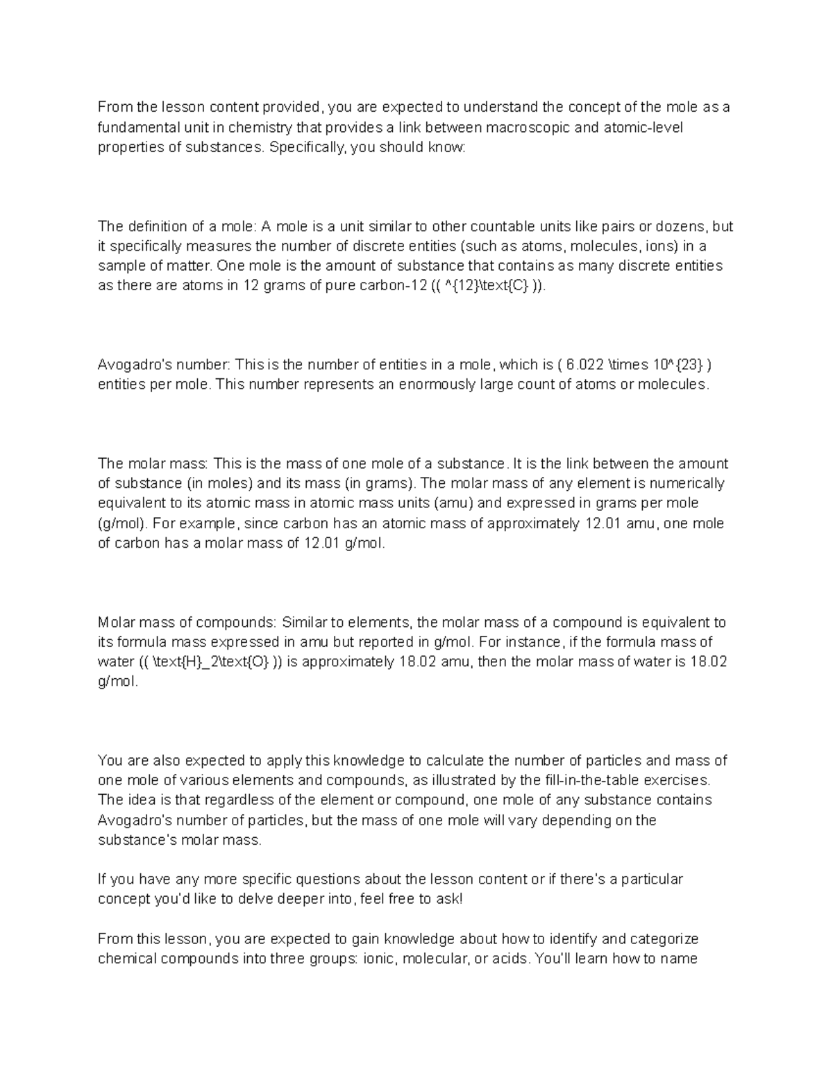 Understanding the Mole Concept in Chemistry: Lesson Notes (CHEM101 ...