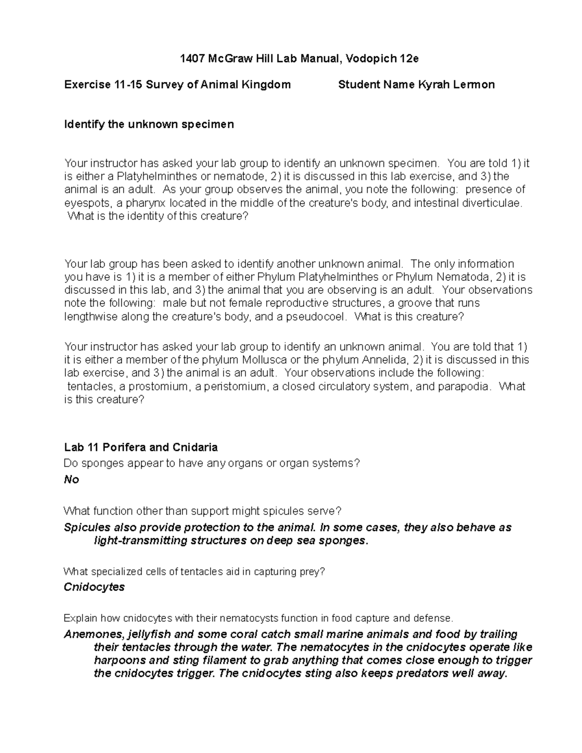 Lab Report for 1407: Elements of Animal Kingdom (Labs 11-15) - Studocu