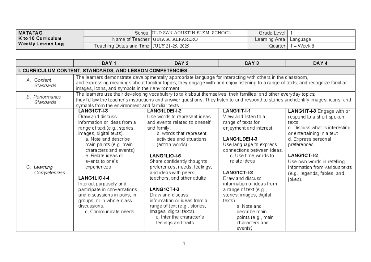 Language 1 DLL 1 Q1 W6 - Weekly Lesson Log for Grade 1 - Studocu