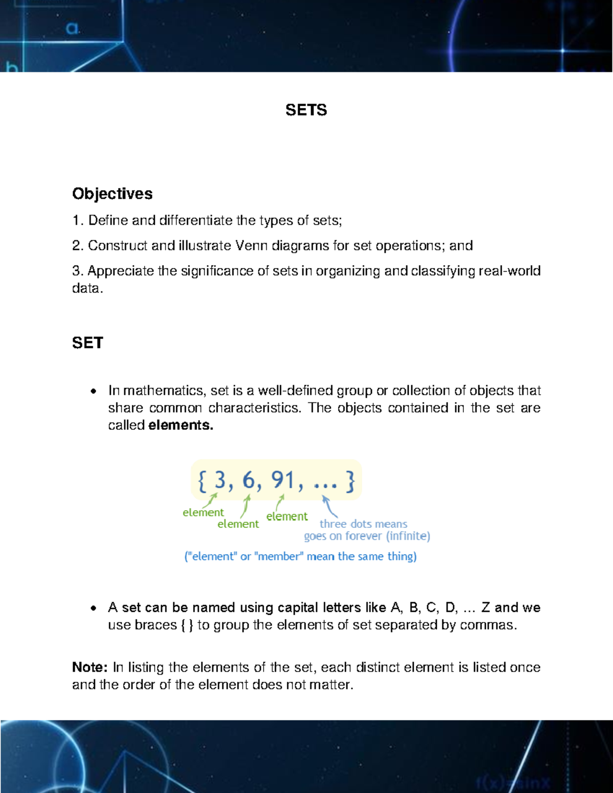 Sets - sets - SETS Objectives Define and differentiate the types of ...