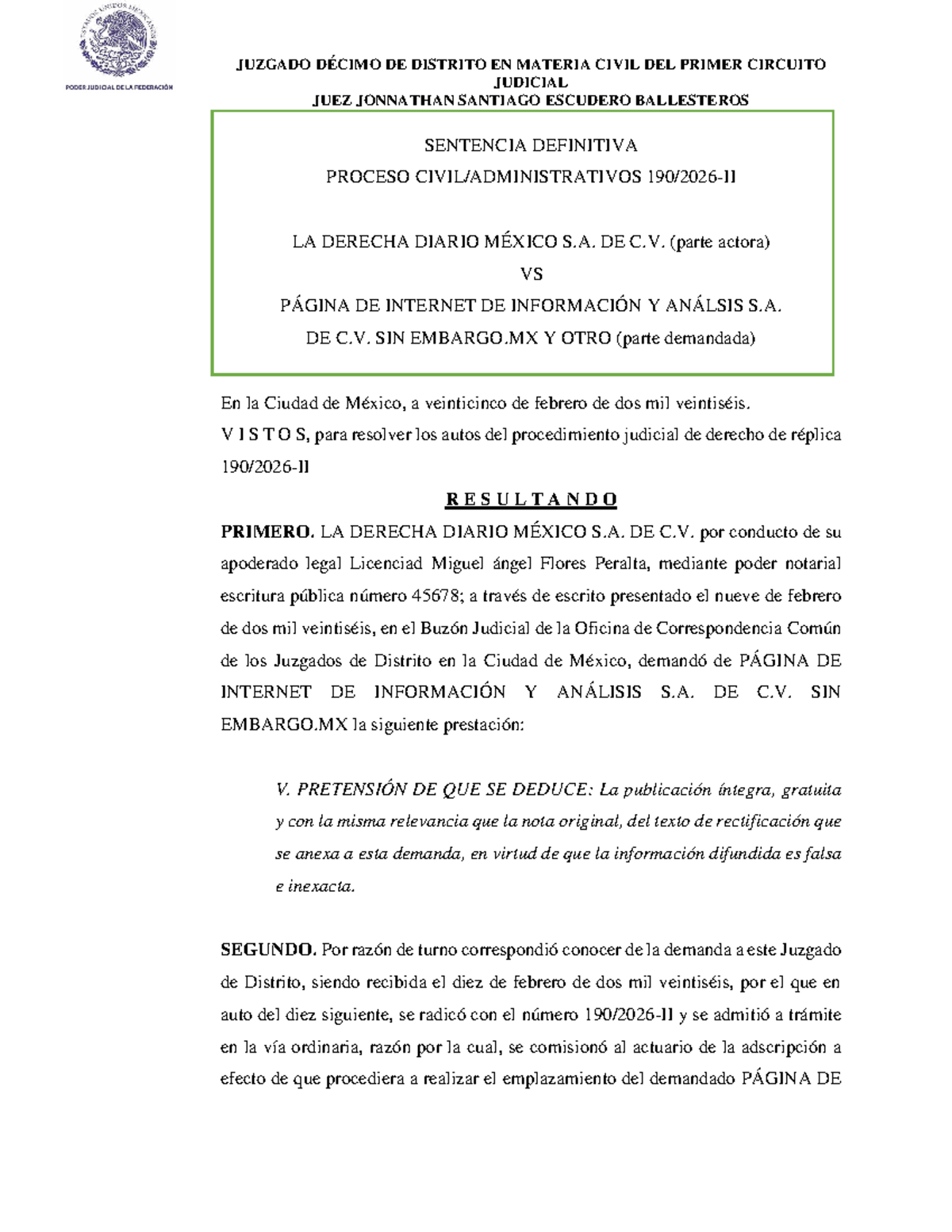 Sentencia Definitiva - Proceso de Derecho de Réplica 1 476000 - Studocu