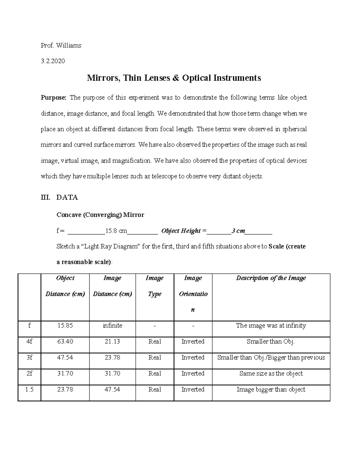 Lab 5 - Mirrors, Lenses & Optical Instruments Experiment Analysis - Studocu