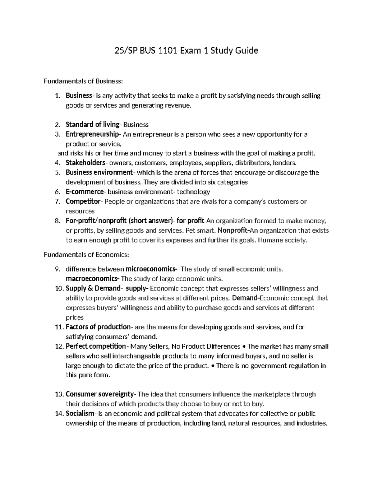 25/SP BUS 1101 Exam 1 Study Guide: Business & Economics Essentials ...
