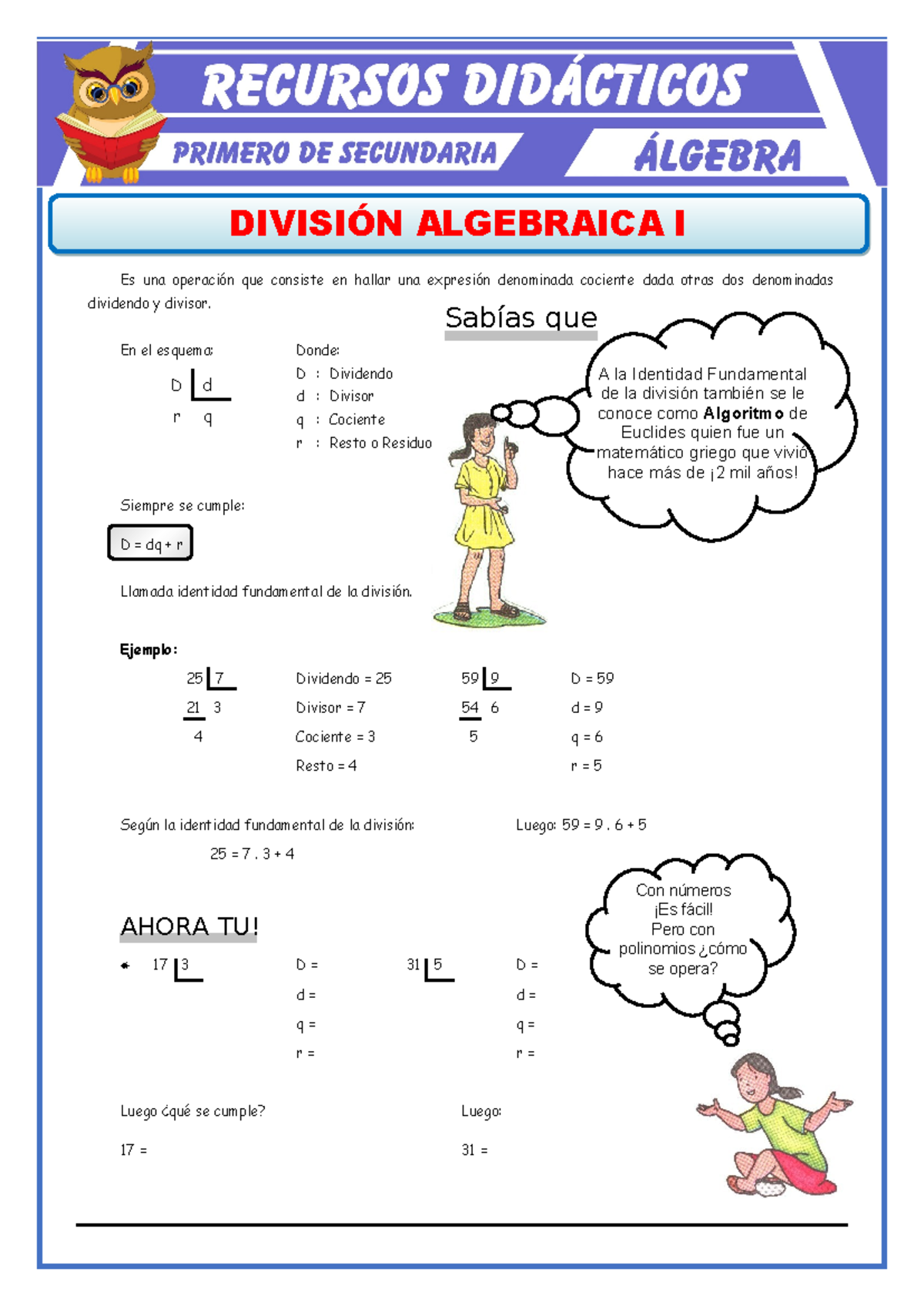 División Algebraica: Conceptos y Ejercicios para Primero de Secundaria - Document Preview