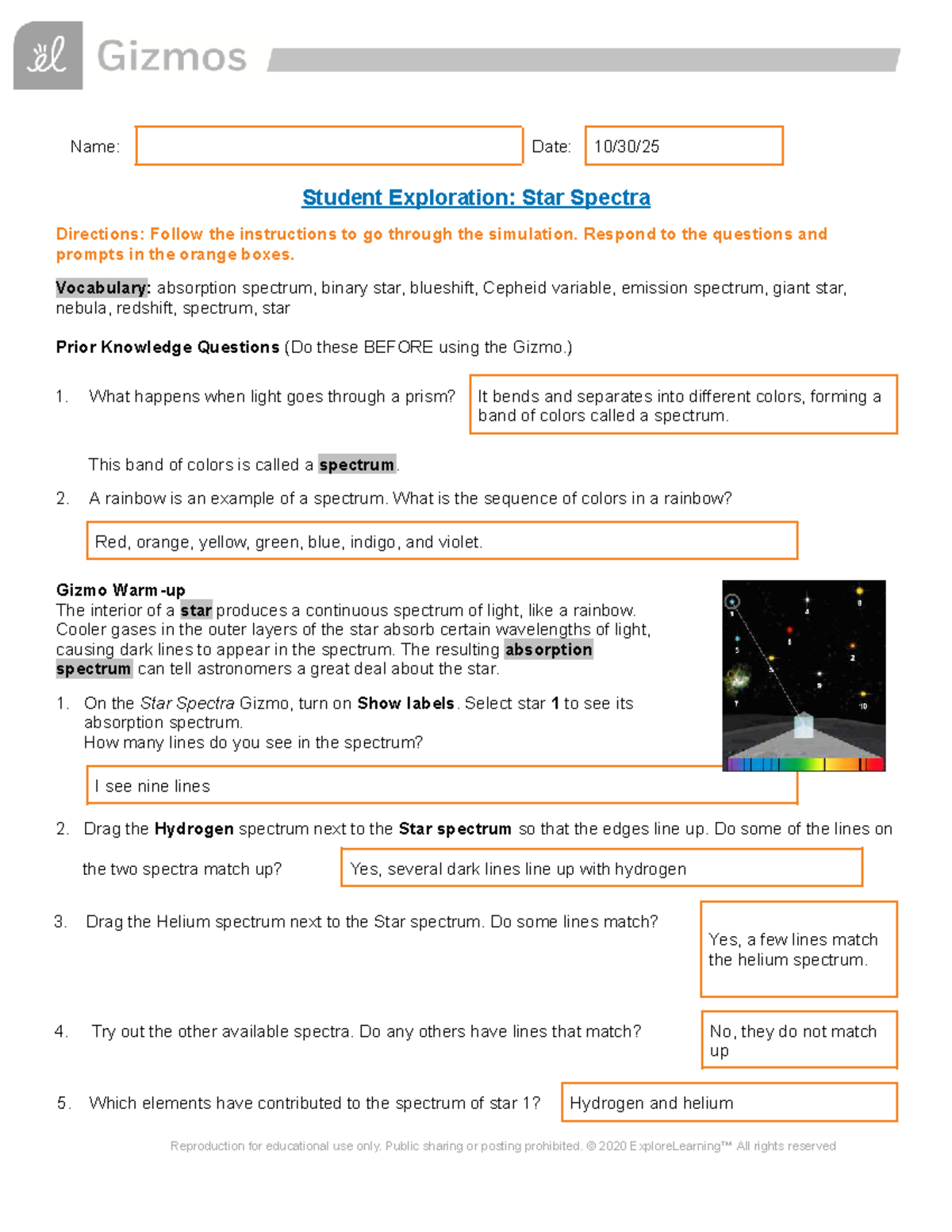 Gizmo: Student Exploration of Star Spectra and Classification - Studocu