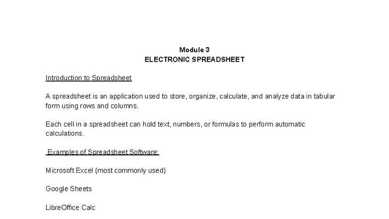 SEC Module 3 - Comprehensive Notes on Electronic Spreadsheets - Studocu