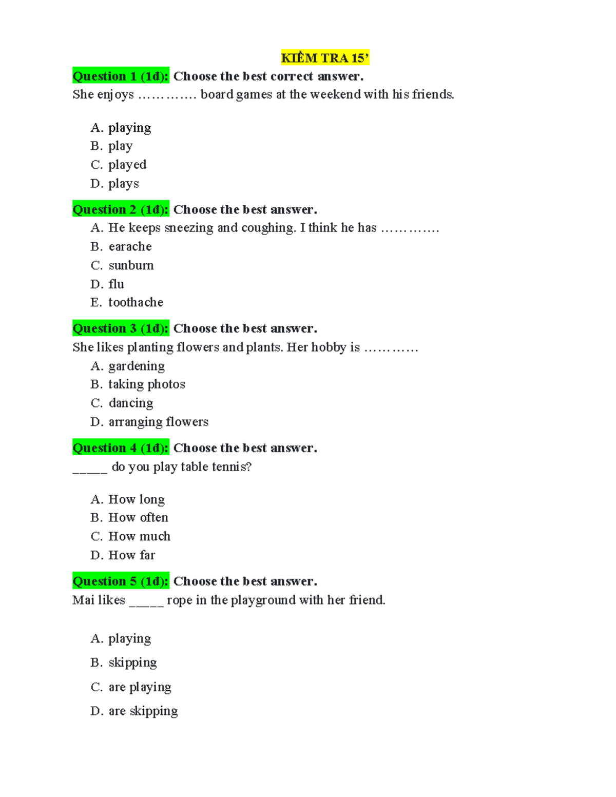ĐỀ KIỂM TRA 15' - ISW - Tiếng Anh 9 - Multiple Choice Questions - Studocu