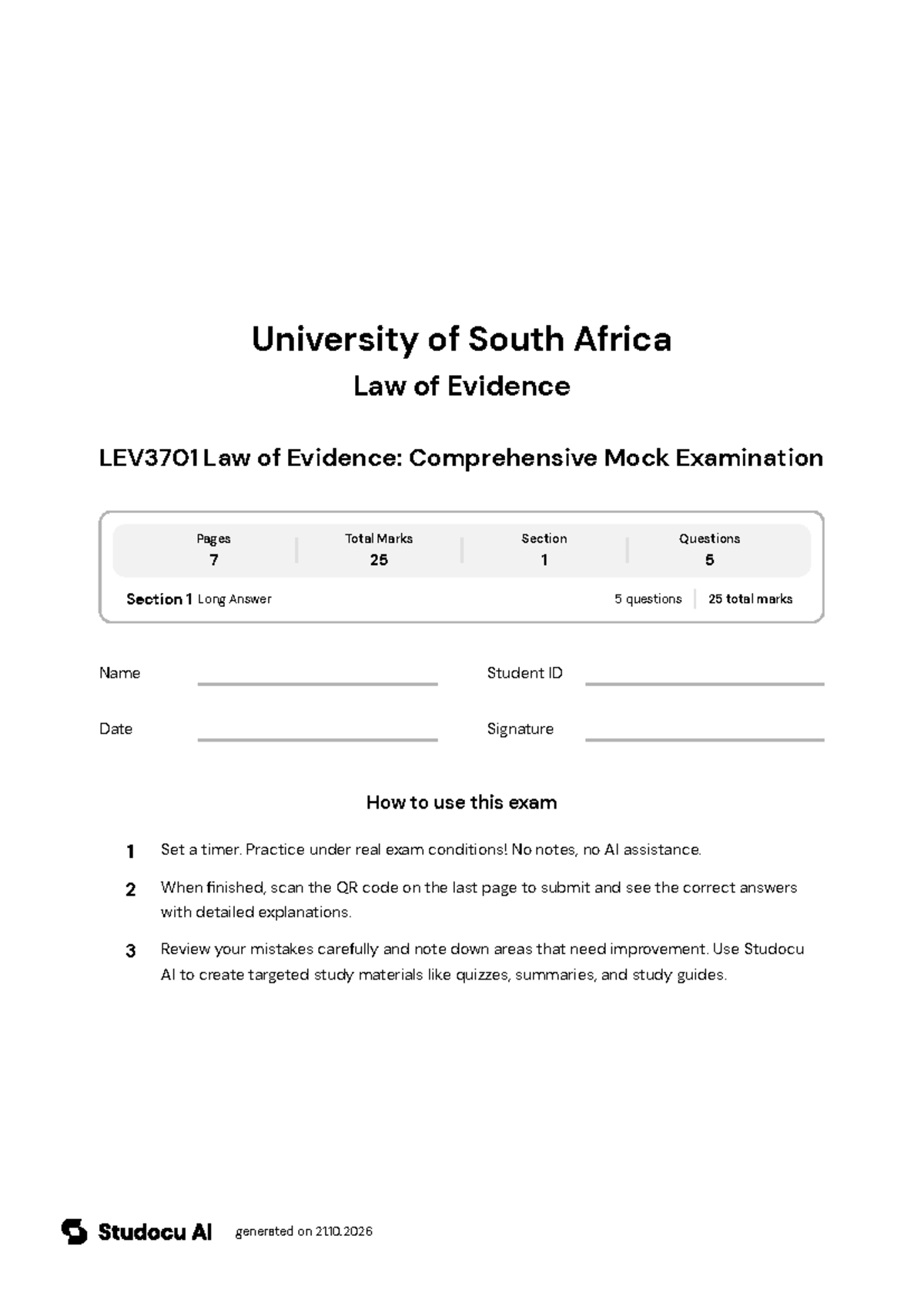 LEV3701 Law of Evidence: Comprehensive Mock Exam - Studocu