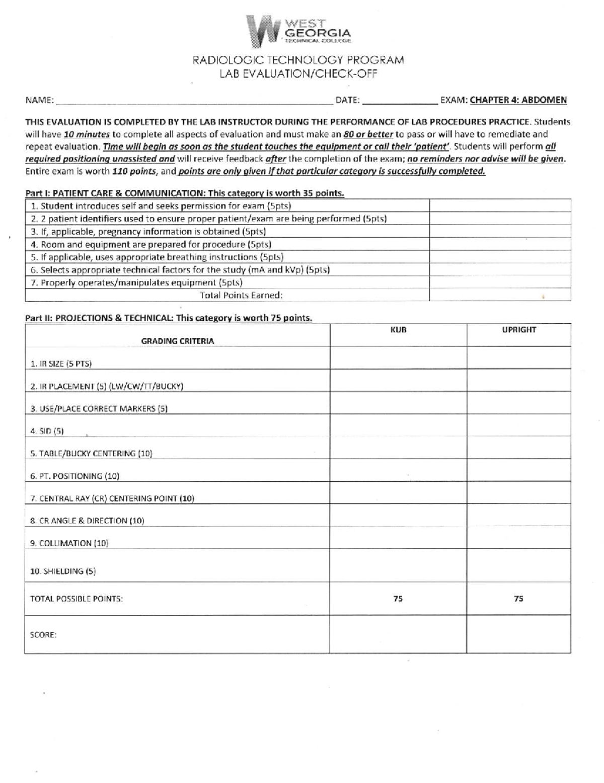 RADT 101: Chapter 4 - Abdomen Lab Check-Off Evaluation - Studocu