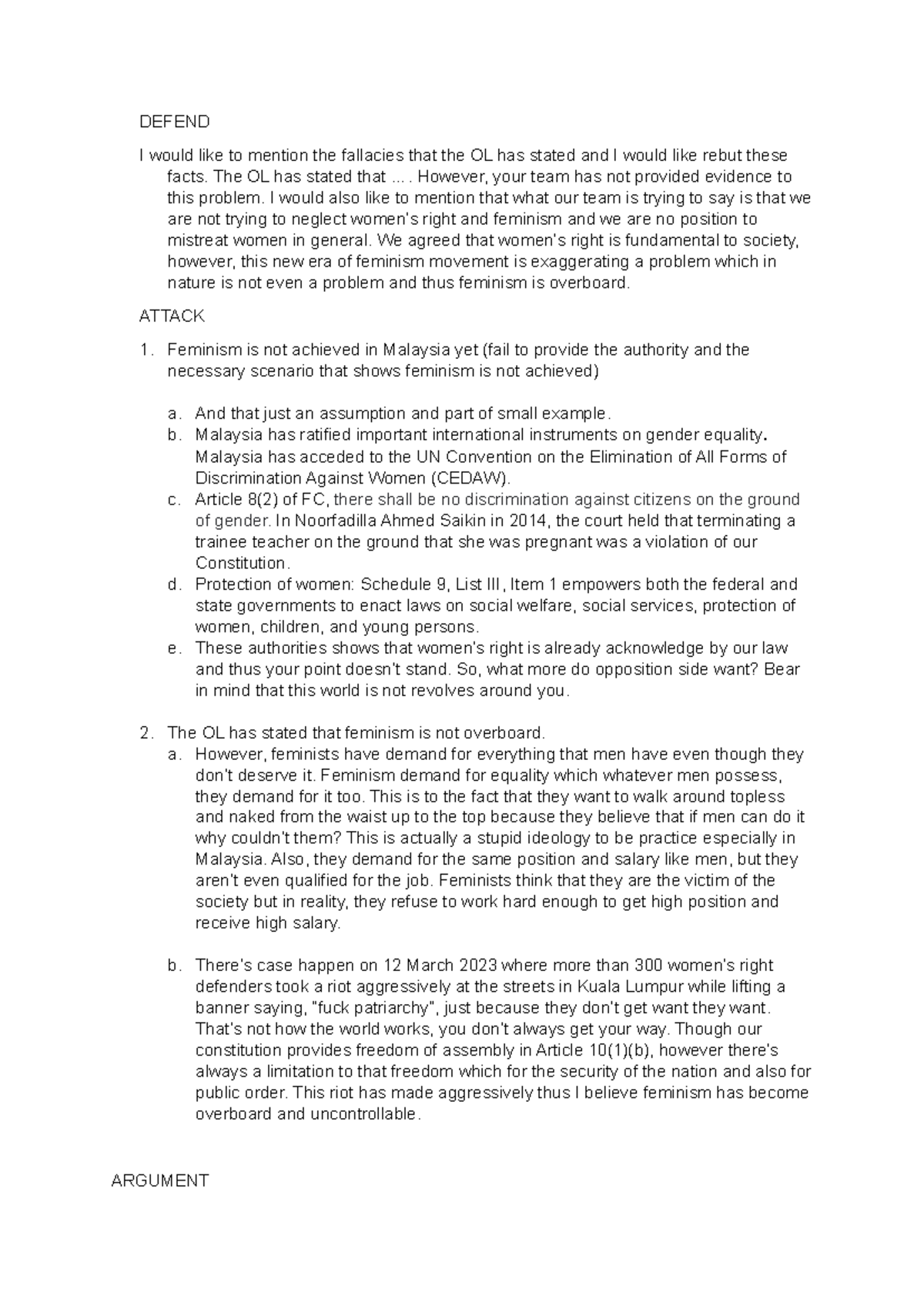 Debate Script: Arguments on Feminism and Women's Rights - Studocu