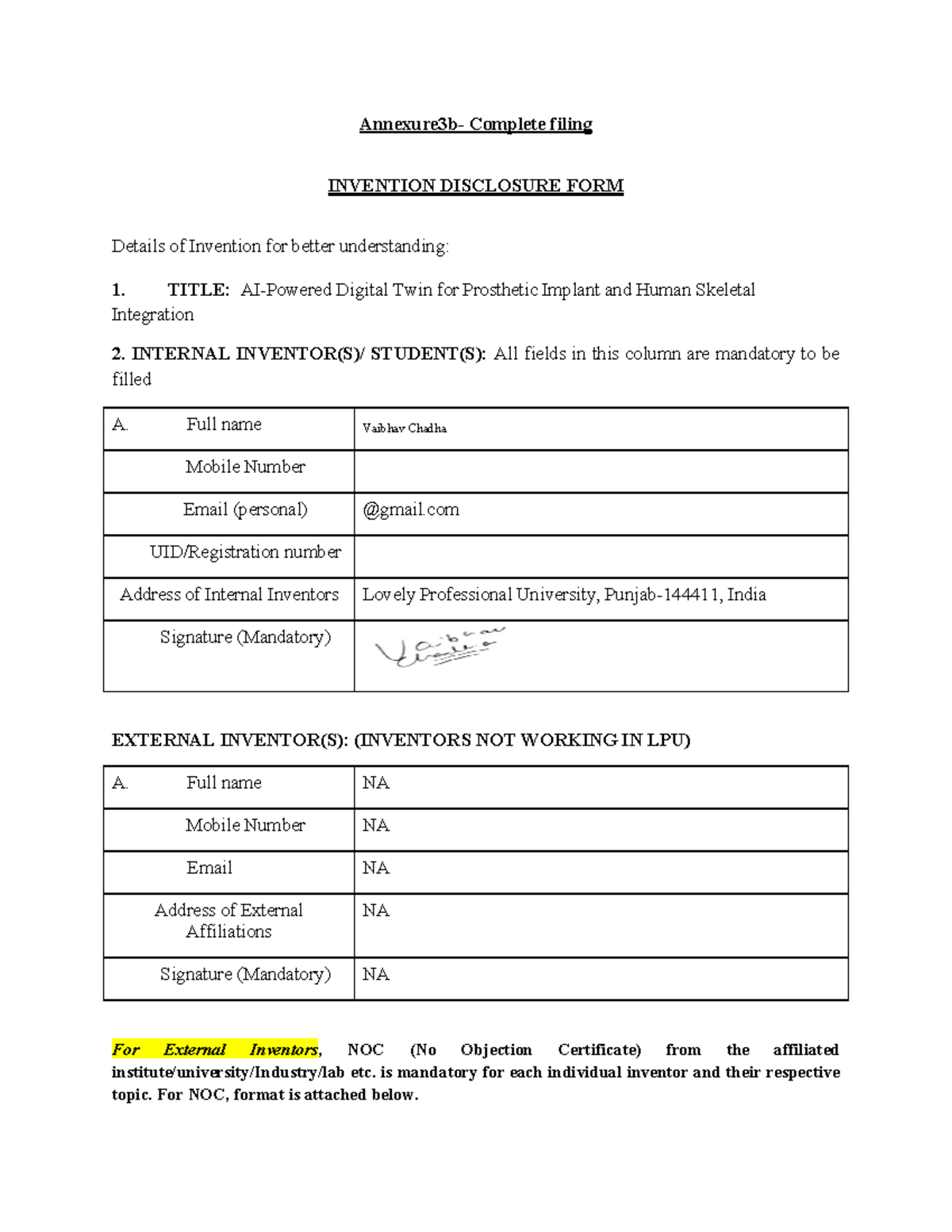 Patent VB - Annexure3b- Complete filing INVENTION DISCLOSURE FORM ...
