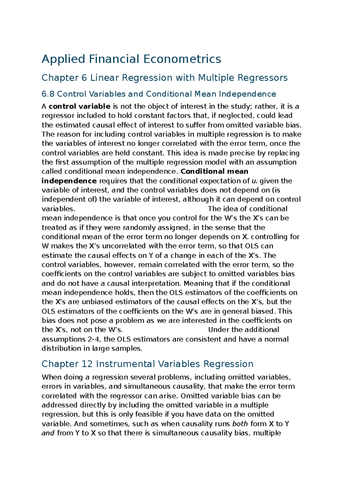 Applied Financial Econometrics Final Exam Notes: Chapter 6 & 12 ...